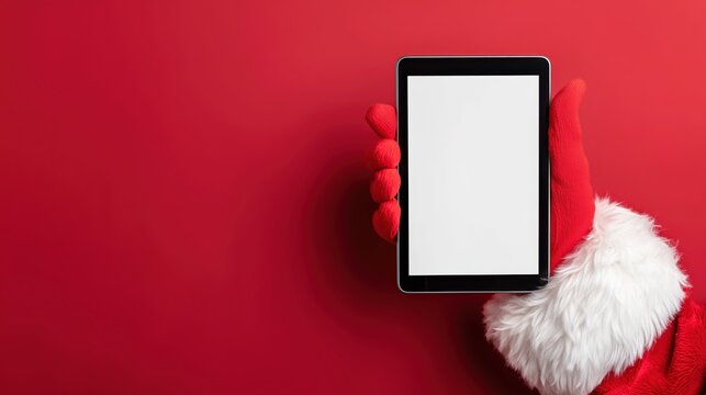 Santa claus hand holding a vertical tablet with blank screen on a bright red background