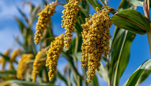 AI generator images of Sorghum , Sorghum is a hardy, drought-tolerant crop. It is a gluten-free and highly nutritious grain. Mature sorghum in the field 