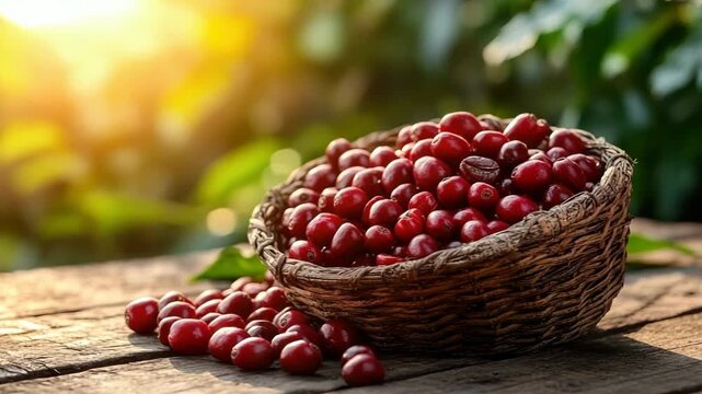 Freshly harvested red coffee cherries spilling from a woven basket onto a rustic wooden table in natural daylight, symbolizing artisanal coffee production, organic harvest, and sustainability. Copy sp