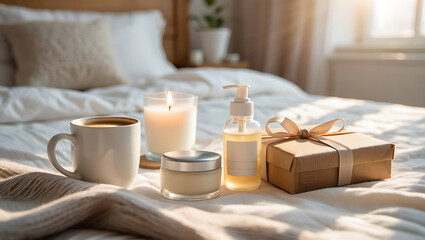 Cozy morning scene with a warm cup of coffee lit candle skincare products and a gift box on a bed spa still life with candle Singles’ Day
