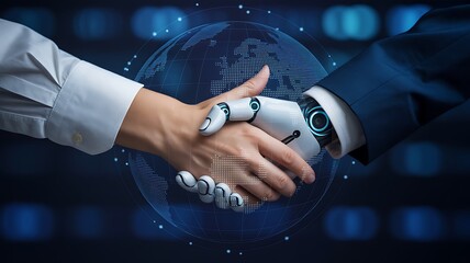 Human and robot handshake with digital globe background artificial intelligence