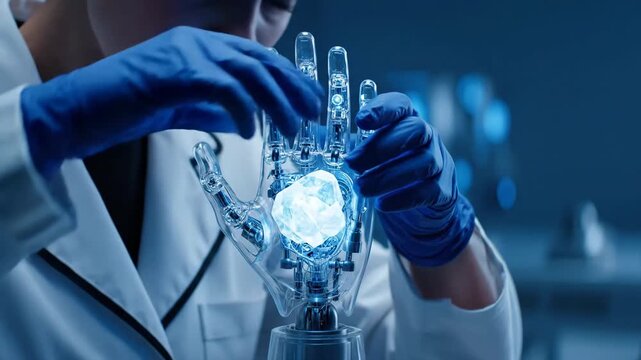 Engineer in lab coat and blue gloves assembles transparent bionic arm with glowing energy core, showcasing advanced ai-driven prosthetics and futuristic tech research precision