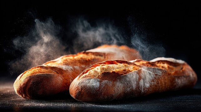 Freshly baked baguettes on a dark backdrop