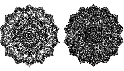 Two intricate symmetrical illustrations, each featuring complex geometric patterns, predominantly in black against a white background