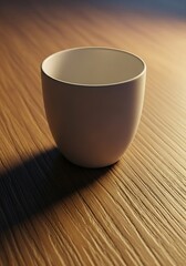 Minimalist ceramic vessel displaying sleek design on warm toned wood grain surface with subtle lighting