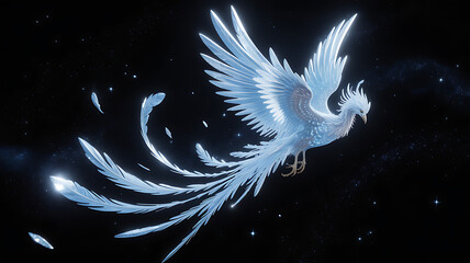 Majestic Ice Phoenix Soaring Through Starry Night Sky: Fantasy Bird with Glowing Feathers and Celestial Background, Symbol of Rebirth and Magic