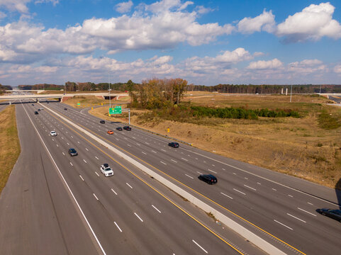 Aerial Drone View of Interstate 40 in Johnston County North Carolina: Transportation, Engineering, Infrastructure, Travel, Logistics