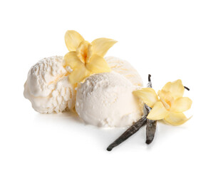 Sweet vanilla ice-cream balls with sticks and flowers on white background