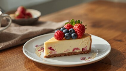 Dessert Delight. Cheesecake Slice with Berry Topping and Warm Tones, a Delicious Treat.