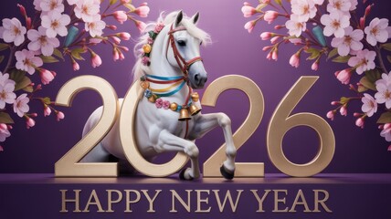 A photo dedicated to the New Year 2026. It depicts a white horse decorated with festive decorations on a purple background.