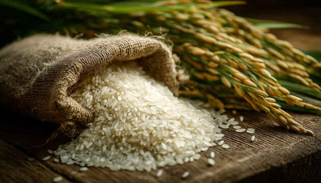 AI generator images of  Jasmine white rice on sack and harvested yellow rip rice paddy, harvest rice and Thai jasmine rice (white rice) and rice paddy in sack on wooden .food grains cooking concept
