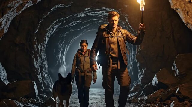 Adventurous exploration of mysterious cave with torchlight illumination