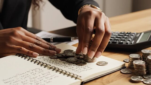 Financial Planning with Coins - A woman stacks coins while working on finances using a calculator and writing in a notebook. The scene depicts managing money and tracking expenses.