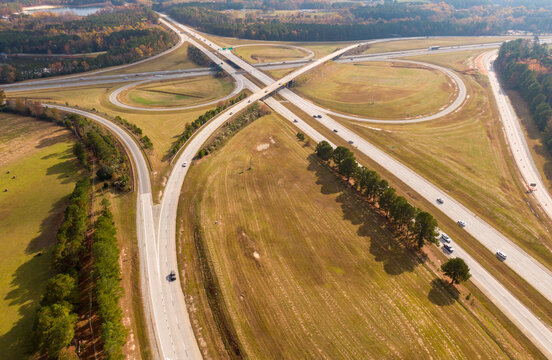 Aerial Drone View of the I-40 and I-95 Cloverleaf Interchange and Junction in Rural North Carolina: Travel, Transportation, Engineering, Infrastructure