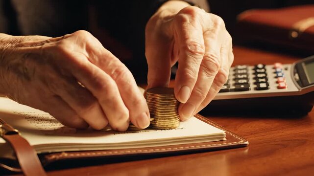 Senior Woman Stacking Coins - A senior woman's hands are shown stacking gold coins on a notebook, with a calculator nearby.