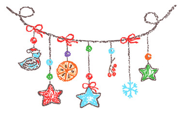 Christmas holiday hanging decoration garland with threads. Star, tit bird, berries. Crayon, pastel chalk or pencil kids hand drawing doodle funny style. Cartoon flat bright art simple banner