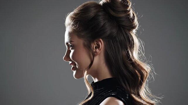 Elegant Woman with Updo Hairstyle - This video shows a beautiful woman with a stylish updo hairstyle, smiling gently in profile.
