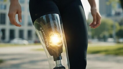 Woman wearing black activewear and a high-tech transparent prosthetic leg moving forward with an illuminated power source in an urban park environment. Representing adaptation and advanced technology