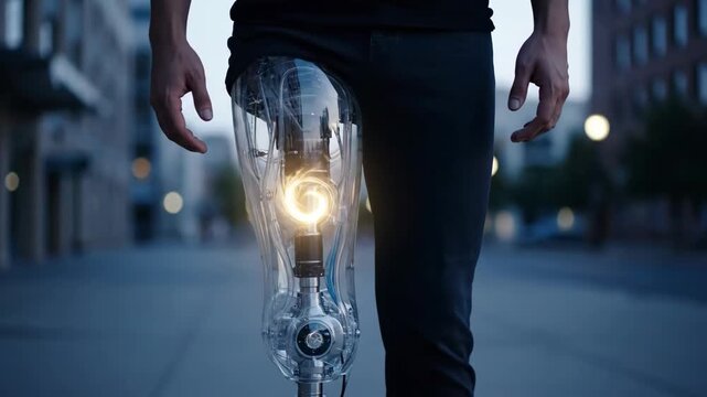 Man walking confidently on a city street, showcasing an advanced transparent prosthetic leg powered by bionic technology, representing innovation in medicine and human advancement