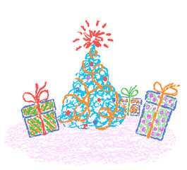 Christmas funny space area. Tree with holiday gift present box and sparks. Crayon, pastel chalk or pencil kids hand drawing sketch doodle style. Cartoon flat bright scribble art scene design