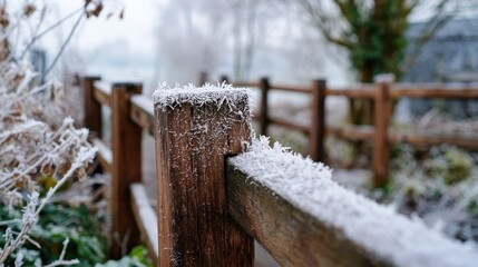 Frost on brown fence post and handrail in winter garden