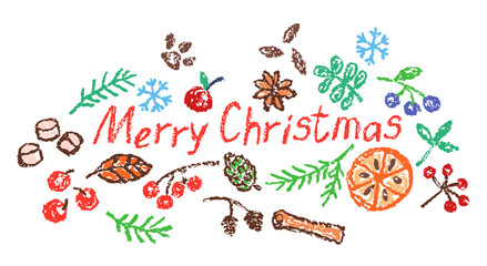 Christmas holiday spices. Cinnamon stick, orange slice, red berry, pine branch, marshmallow. Crayon, pastel chalk or pencil kids hand drawing doodle funny style. Cartoon flat art simple vector banner