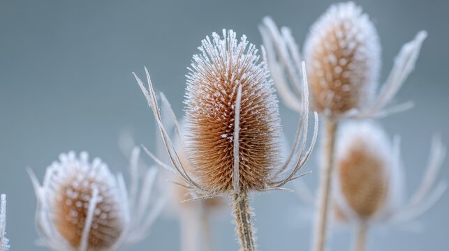Frost on the spiky oval tops of teasel blossoms in cold conditions