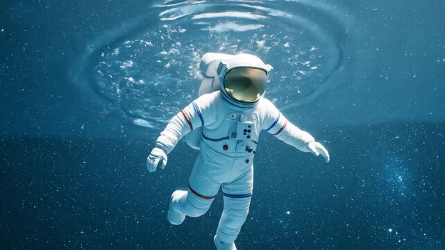 Astronaut in a white spacesuit floats peacefully through the dark, star-filled cosmos, representing themes of space exploration, loneliness, and the vastness of the universe