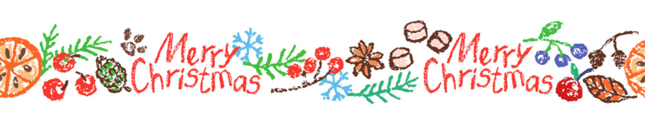 Christmas holiday spices seamless border background pattern. Cinnamon, orange slice, red berry, pine branch. Crayon, pastel chalk or pencil kids hand drawing doodle funny style. Cartoon simple vector