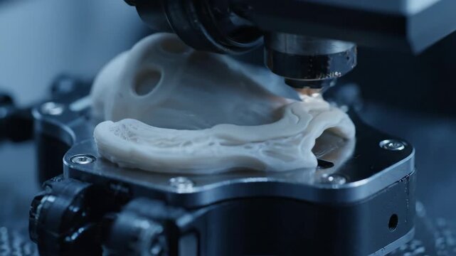 3d printer nozzle depositing layers of transparent plastic filament, slowly forming an intricate prototype on a metallic platform, showcasing advanced manufacturing technology and innovation