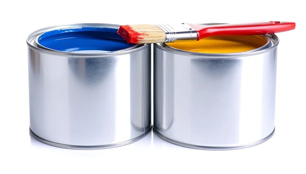Two metal paint cans, one blue, one yellow, sit side-by-side. A paintbrush with a red handle rests atop, the brush head stained red from paint