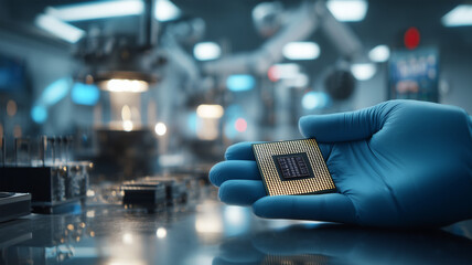 手袋を着用した手がCPUチップを丁寧に運ぶ
