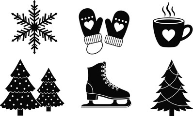 Winter holiday icon set with snowflake, mitten, coffee cup, ice skate, and Christmas tree, black and white festive vector illustration for seasonal design