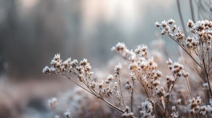 Fototapeta premium Frosty plants on a chilly misty morning