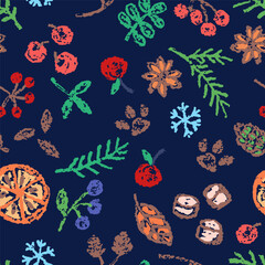 Christmas holiday spices seamless dark pattern background. Cinnamon, orange slice, red berry, pine branch. Crayon, pastel chalk or pencil kids hand drawing doodle funny style. Cartoon simple vector