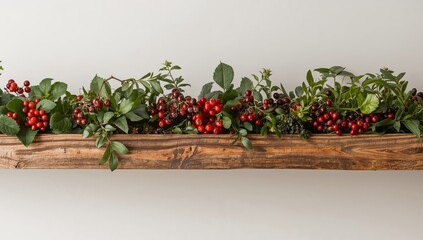 Festive Foliage Arrangement on Rustic Wood, Red Berries and Green Leaves Abound.