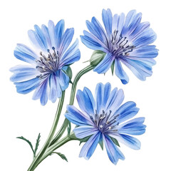 Fototapeta premium A hand-drawn illustration painting of a chicory flowers in soft watercolor style, featuring delicate brush strokes, isolated on a white background, artistic, painted design, EPS