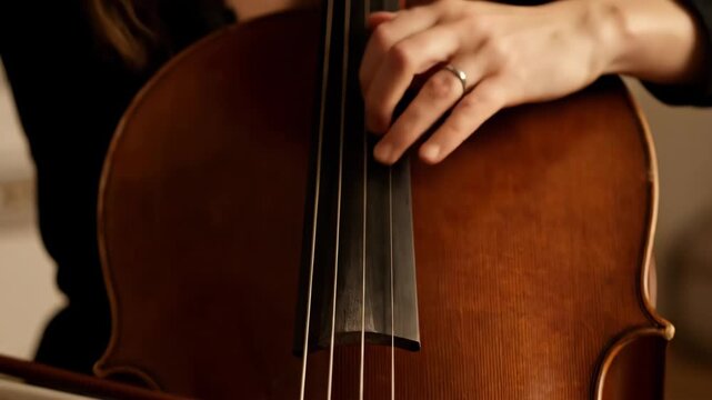 Musician's hands expertly pressing and bowing the strings of a beautiful wooden cello, creating harmonious melodies during a focused musical performance
