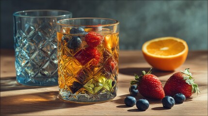 Fruit drink in glass and empty angular glasses