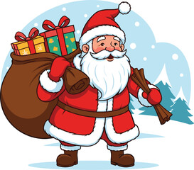 Cartoon Santa Claus, snowy landscape, Christmas greeting, festive holiday scene, gift sack, pine trees, winter background, cheerful character, celebration
