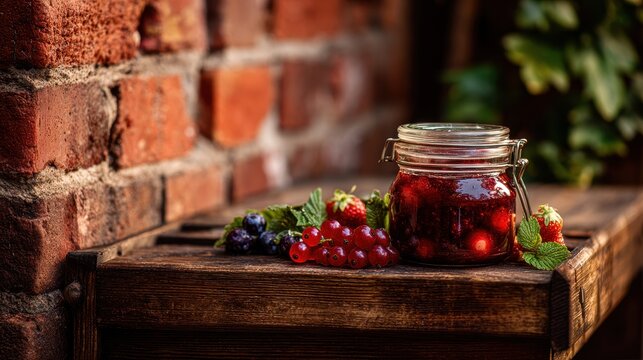 Fruit compote on wooden crate by old red brick wall