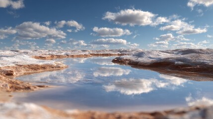 shallow pools of mineral rich water reflecting the sky at a lithium extraction site in bolivia