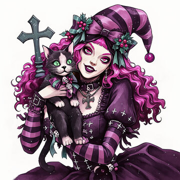 Pink Gothic Christmas Girl with Black Cat &ndash; Cute Creepy Holiday Sticker with Cross and Striped Outfit