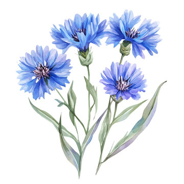 A hand-drawn illustration painting of a cornflower in soft watercolor style, featuring delicate brush strokes, isolated on a white background, artistic, painted design, EPS format