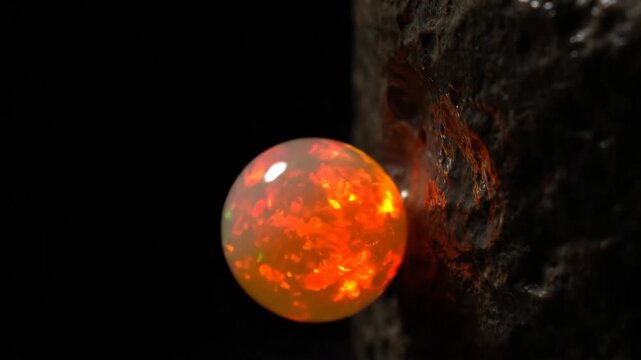Fire opal gemstone glowing with vibrant orange and red colors, creating a spherical illumination dropping near a dark, textured rock surface against a black background
