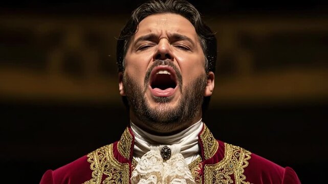 Emotionally intense opera singer in rich costume solo performance on stage