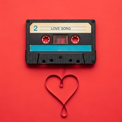 Vintage Cassette Tape with a Heart Shape on Red Background