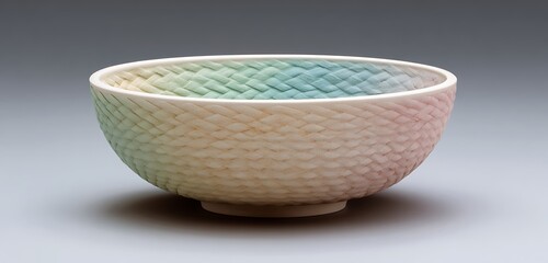 polished porcelain bowl with flat base, raised rim, woven texture with seasonal colors.