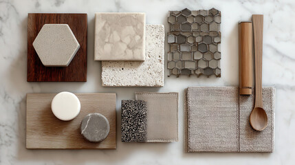 Natural material swatches and utensils displayed on marble surface