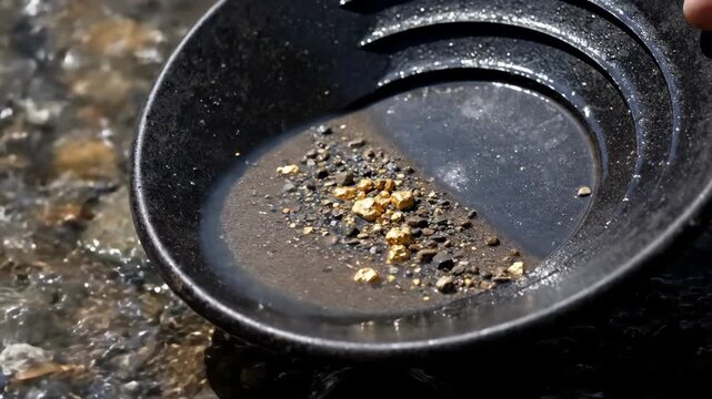 Gold pan with water, dirt, and shining gold nuggets within a flowing stream, representing the ancient craft and challenge of prospecting precious metal discovery